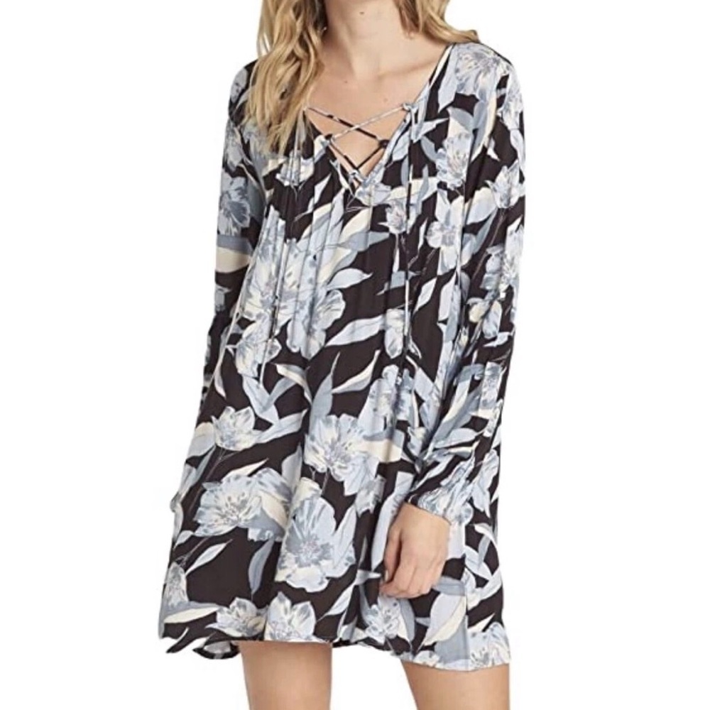 Billabong Floral Boho Mini Dress Lace-Up Front Size Small 100% Rayon
